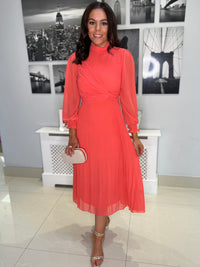 “Sophie” Pleated Dress In Coral