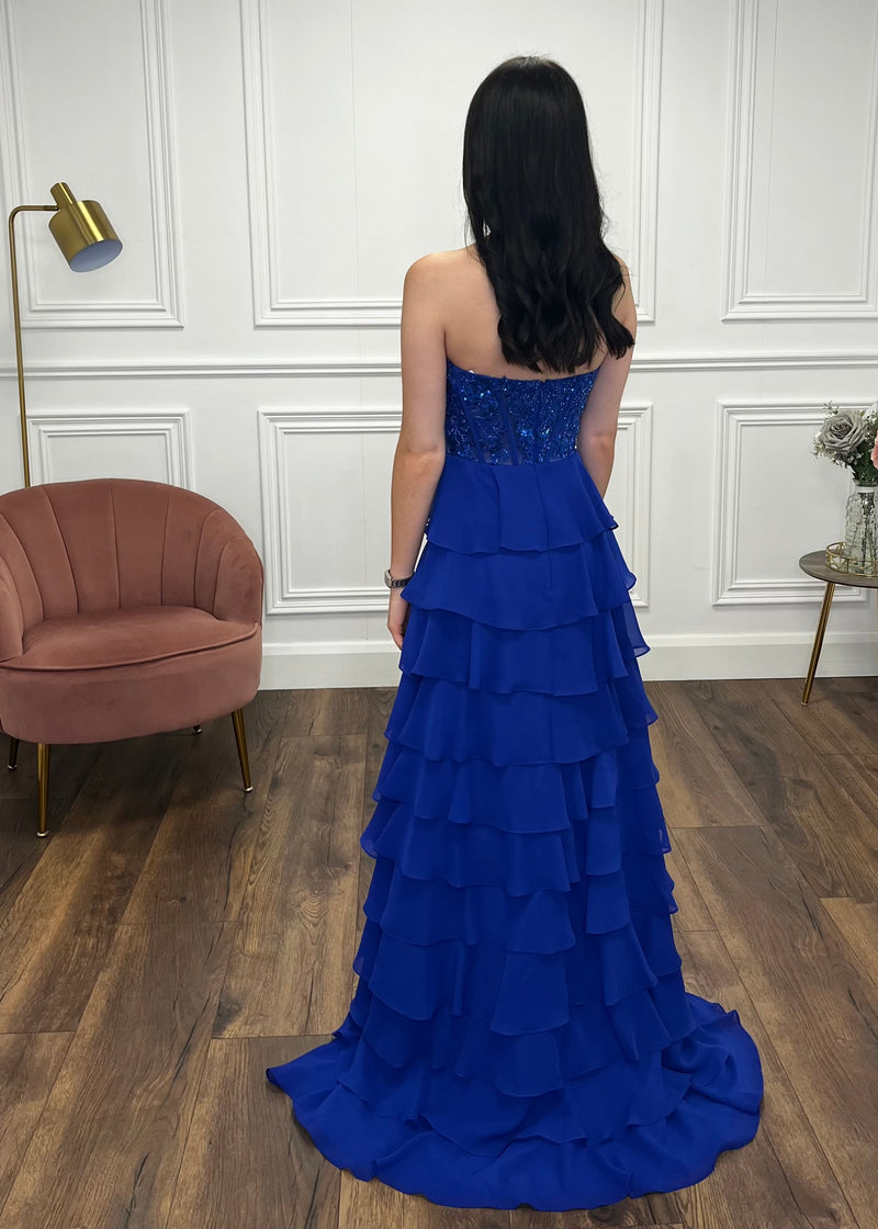 Royal Blue Prom Dress With Beaded Top And Tiered Ruffle Skirt Pure Boutique Royal Blue Prom Dress With Beaded Top And Tiered Ruffle Skirt Pure Boutique