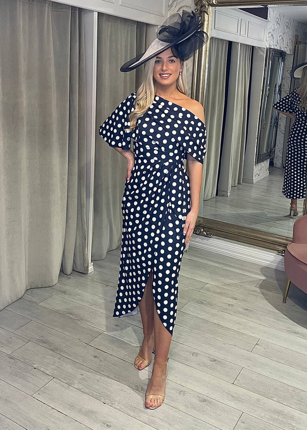 "Fidelma" Dress In Navy & White Polka Dot