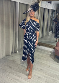 "Fidelma" Dress In Navy & White Polka Dot
