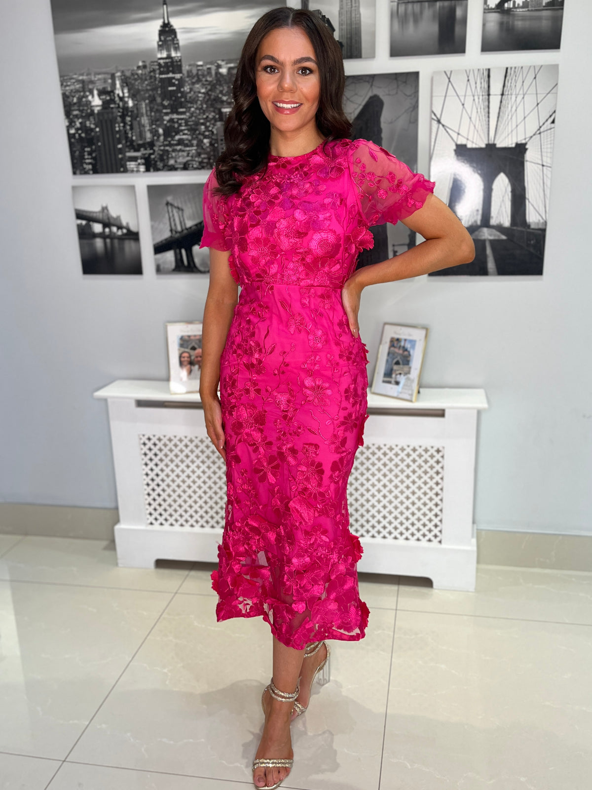 “Polly” Dress In Plain Fuschia With 3D Floral