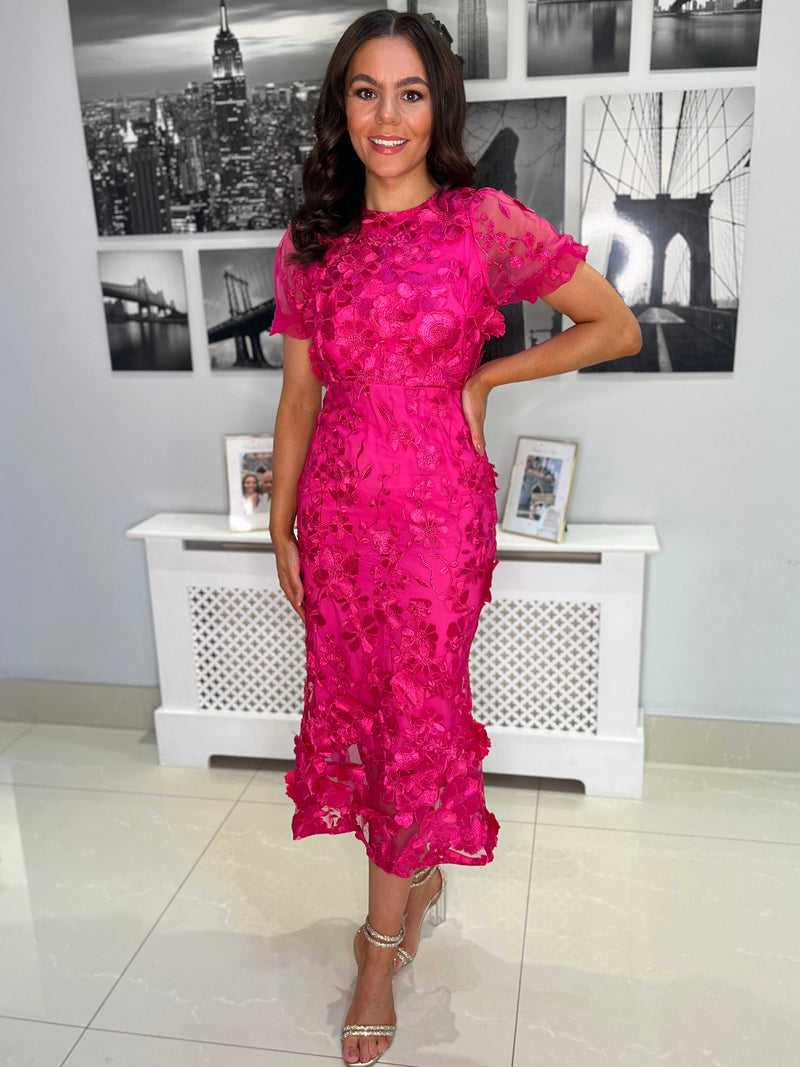 “Polly” Dress In Plain Fuschia With 3D Floral