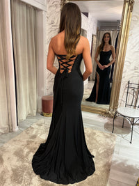 Black Strapless Dress With Corset Detail And Embellished Side Split