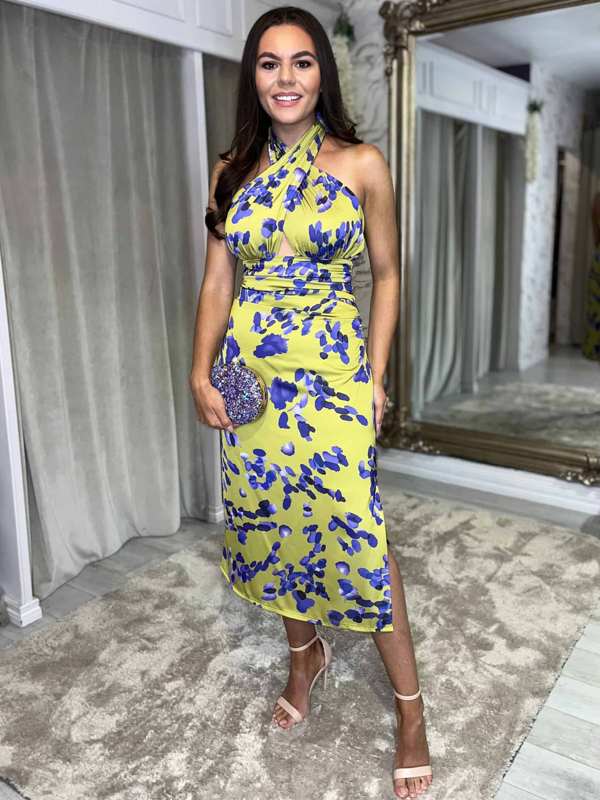 Lime Green And Purple Print Halterneck Dress Pure Boutique Lime Green And Purple Print Halterneck Dress Pure Boutique