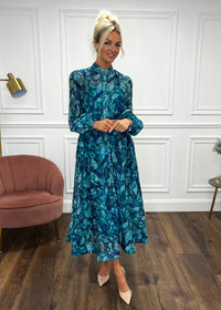 “Anya” Shirt Dress In Teal Print