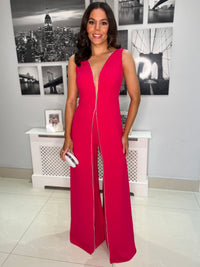 Cerise Pink Jumpsuit With Silver Diamonte Trim