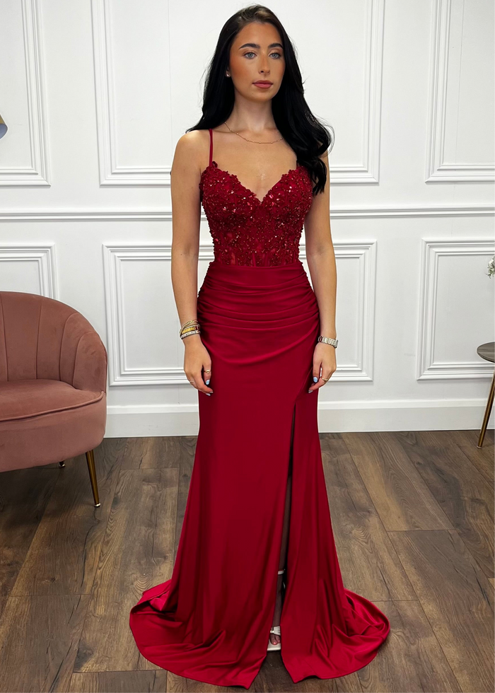 Burgundy Fitted Prom Dress With Lace Effect Corset Top
