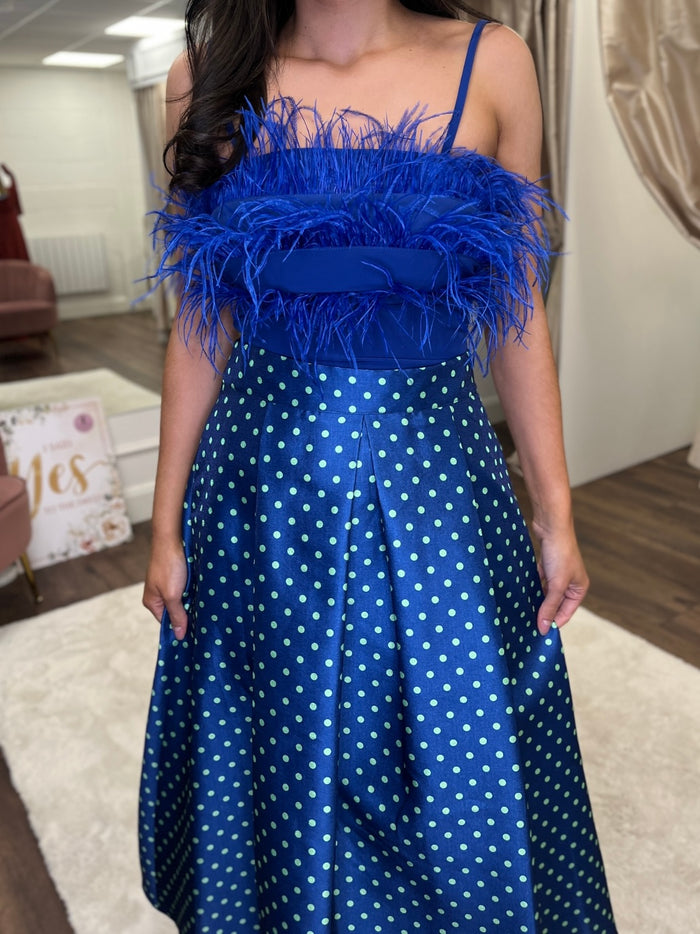 Blue Two Piece With Polka Dot Skirt And Feather Top