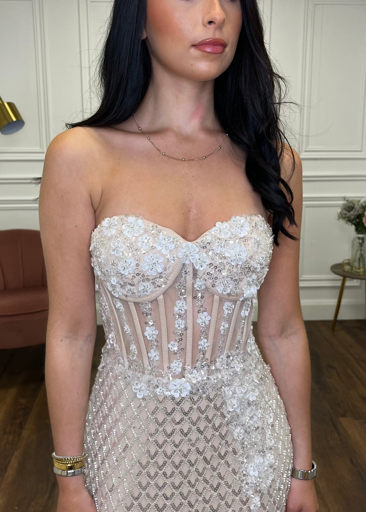 Champagne Fitted Fully Beaded Prom Dress With Corset Top