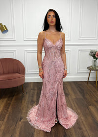Blush Pink Glitter Effect Prom Dress With Lace Up Back