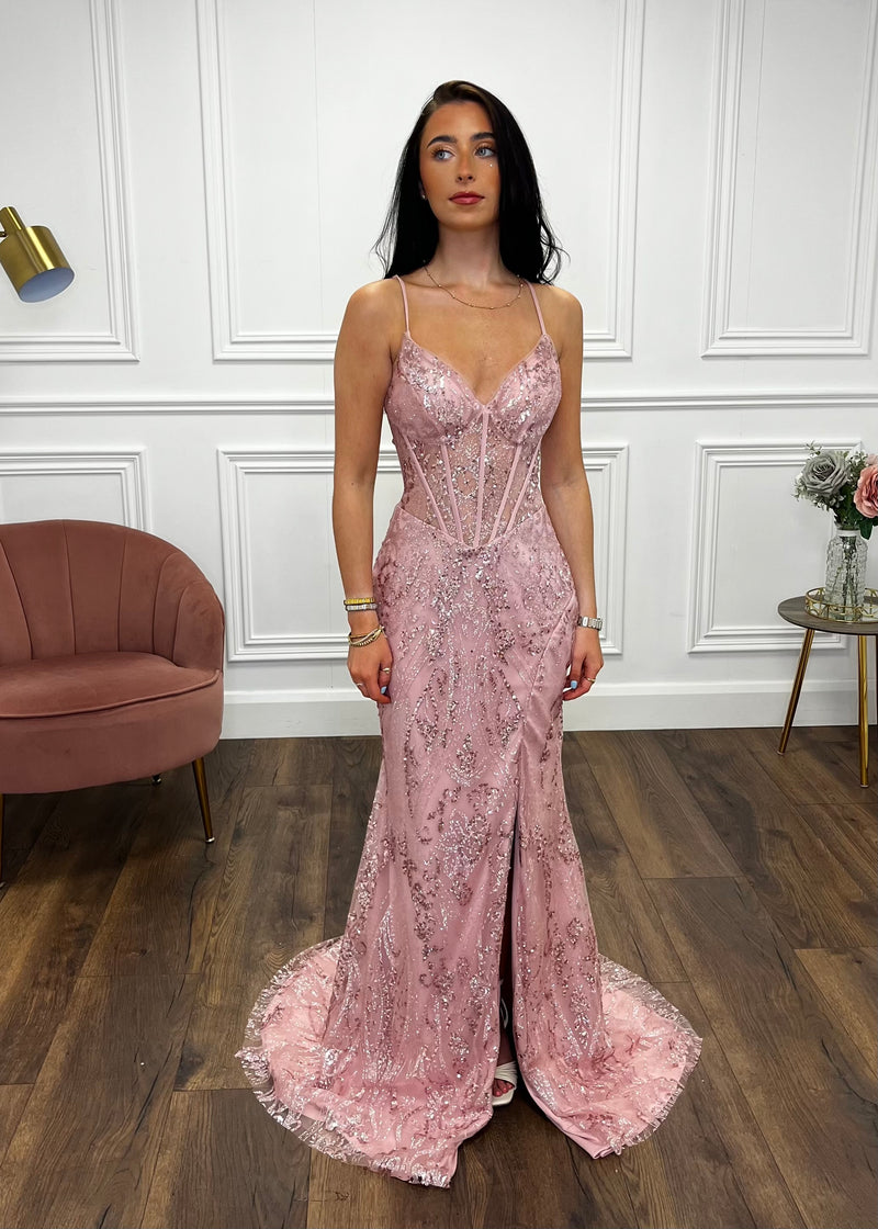 Blush Pink Glitter Effect Prom Dress With Lace Up Back