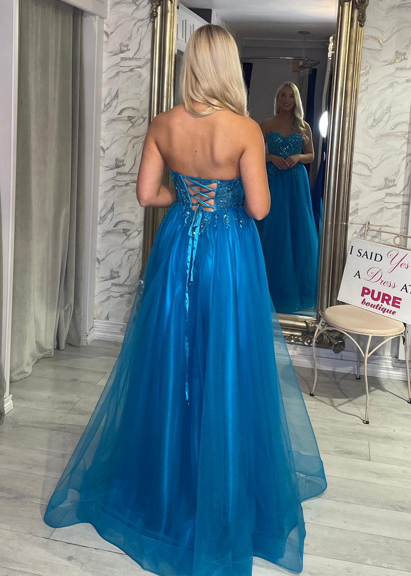 Teal Strapless A-Line Prom Dress With Beaded Top