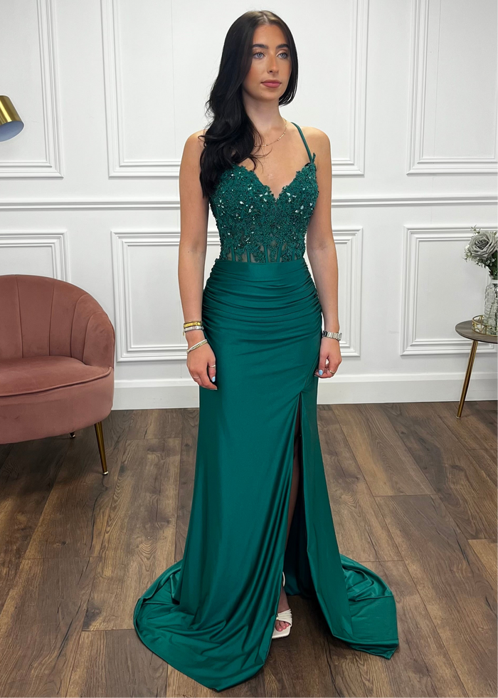 Green Fitted Prom Dress With Lace Effect Corset Top