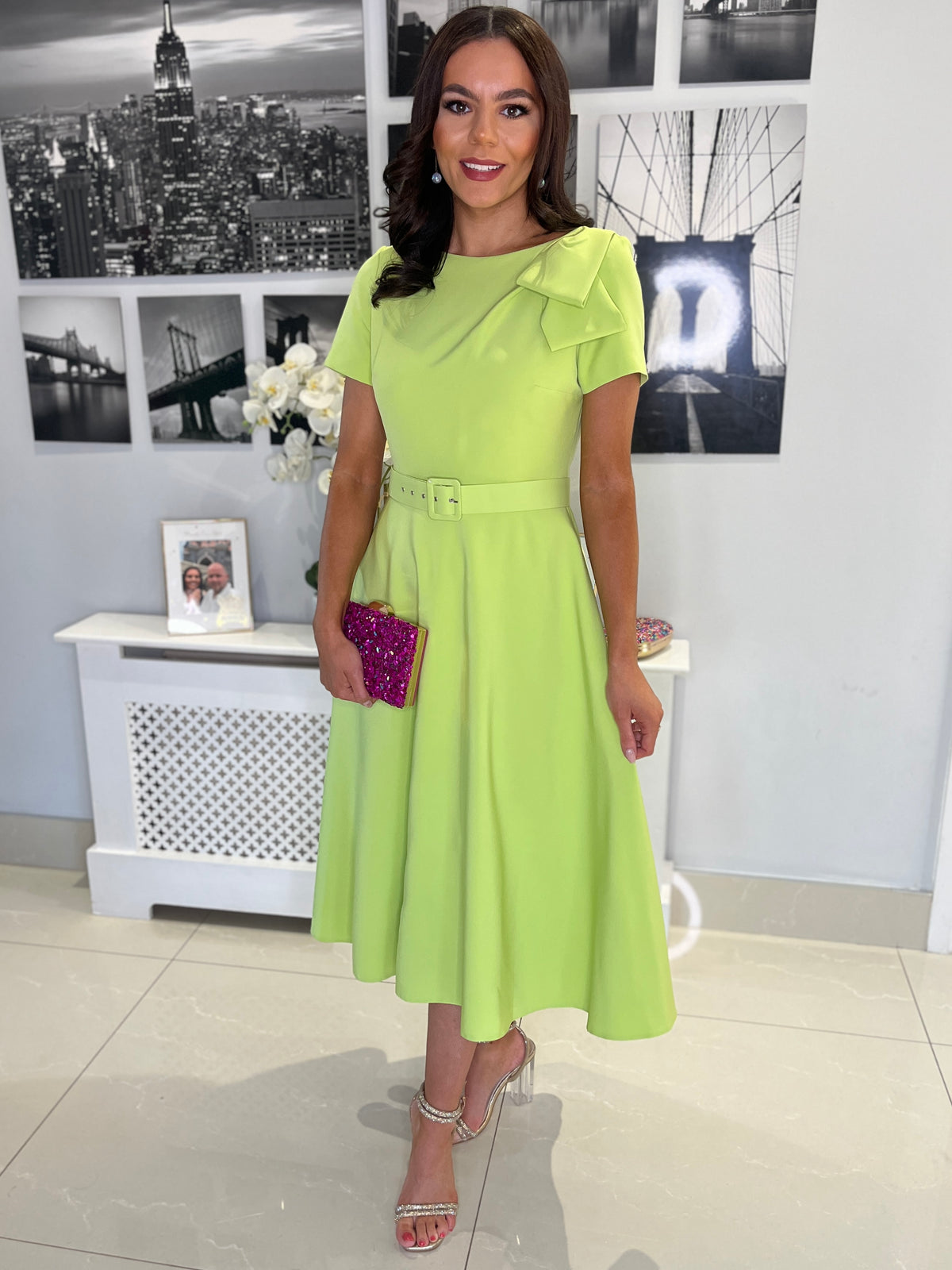 Lime Green A-Line Dress With Cap Sleeve