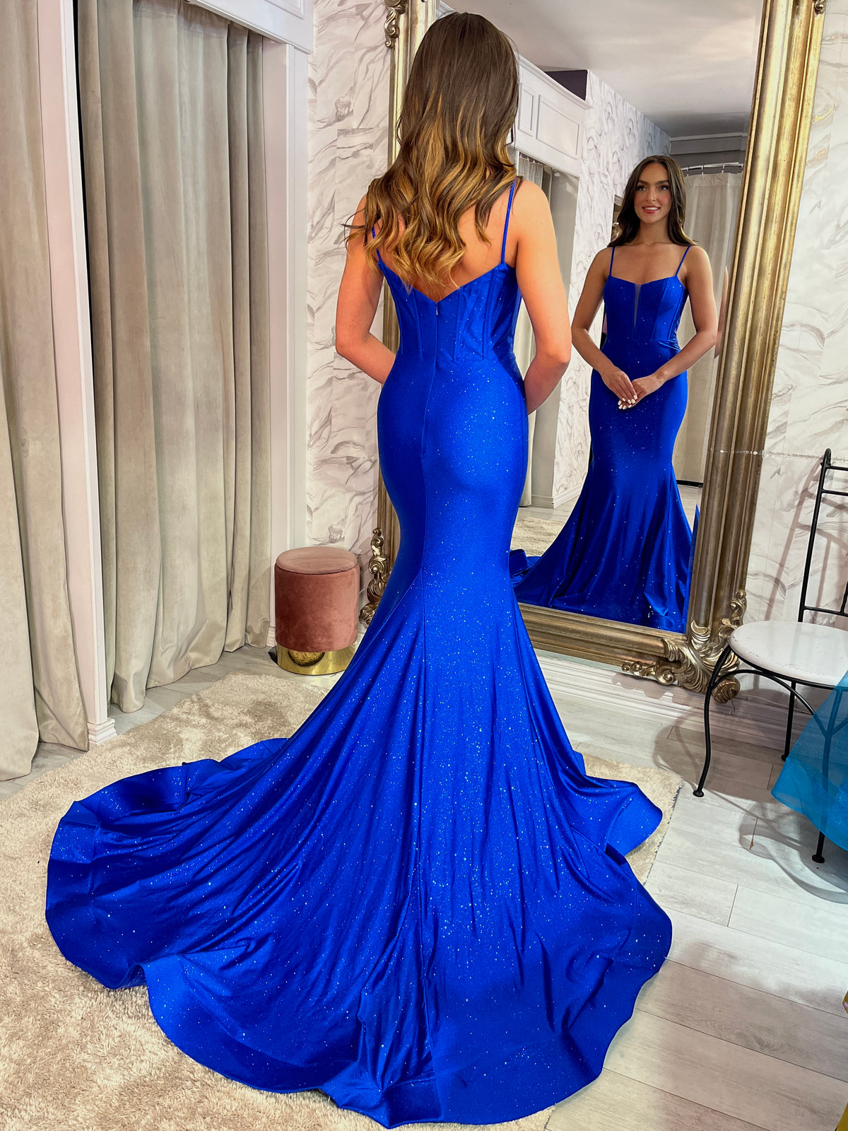 Royal Blue Fitted Shimmer Fabric Prom Dress With Train