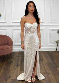 Champagne Fitted Fully Beaded Prom Dress With Corset Top