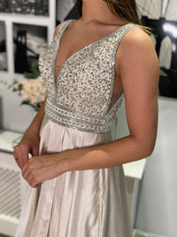 Champagne A-Line Prom Dress With Beaded Top