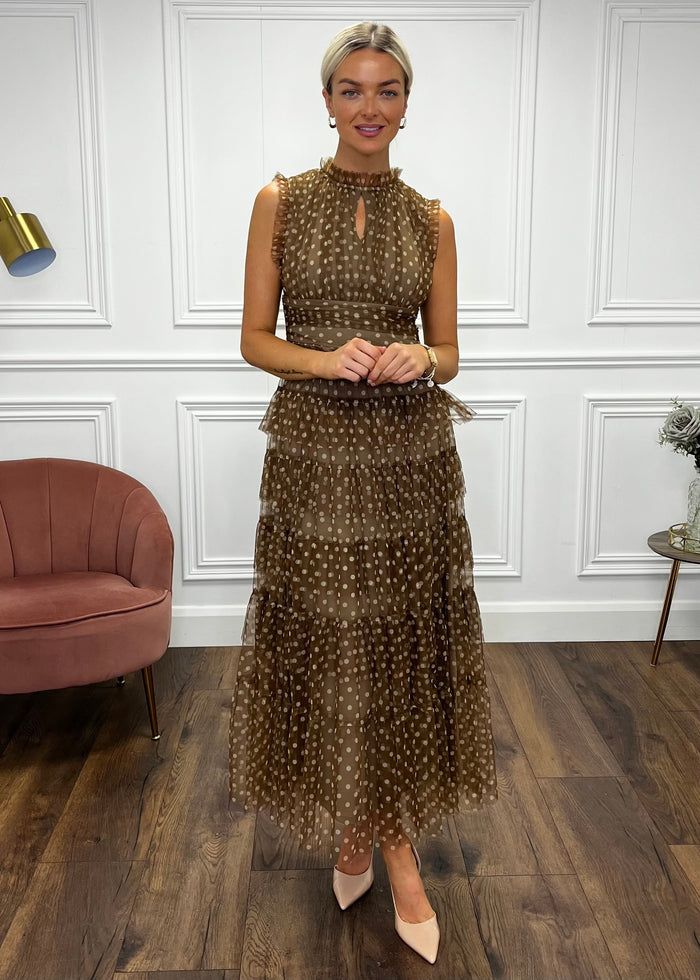 “Jillian” Dress In Tan Polka Dot