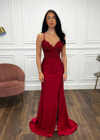 Burgundy Fitted Prom Dress With Lace Effect Corset Top