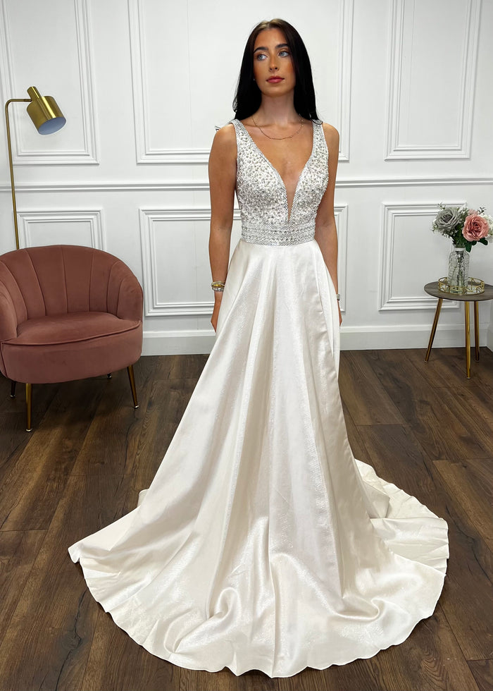 Champagne A-Line Prom Dress With Beaded Top