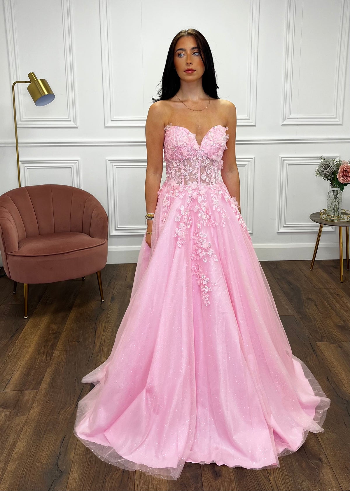 Baby Pink Strapless Ballgown With 3D Detail