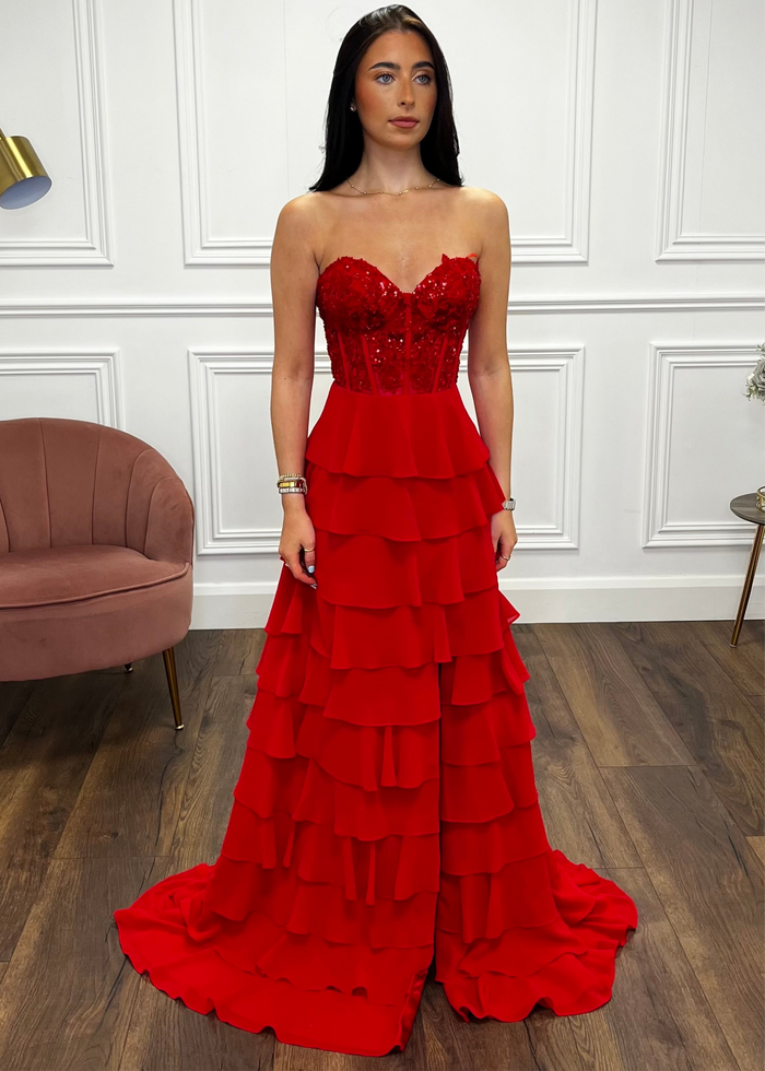 Red Prom Dress With Beaded Top And Tiered Ruffle Skirt