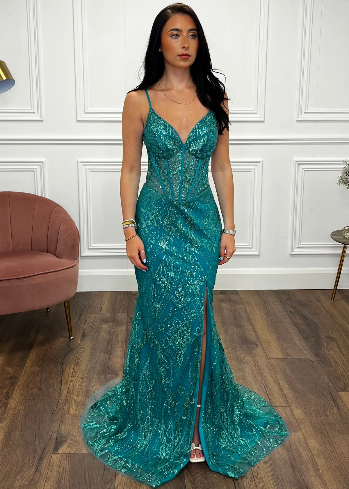 Green Glitter Effect Prom Dress With Lace Up Back
