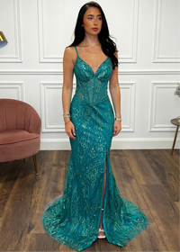 Green Glitter Effect Prom Dress With Lace Up Back