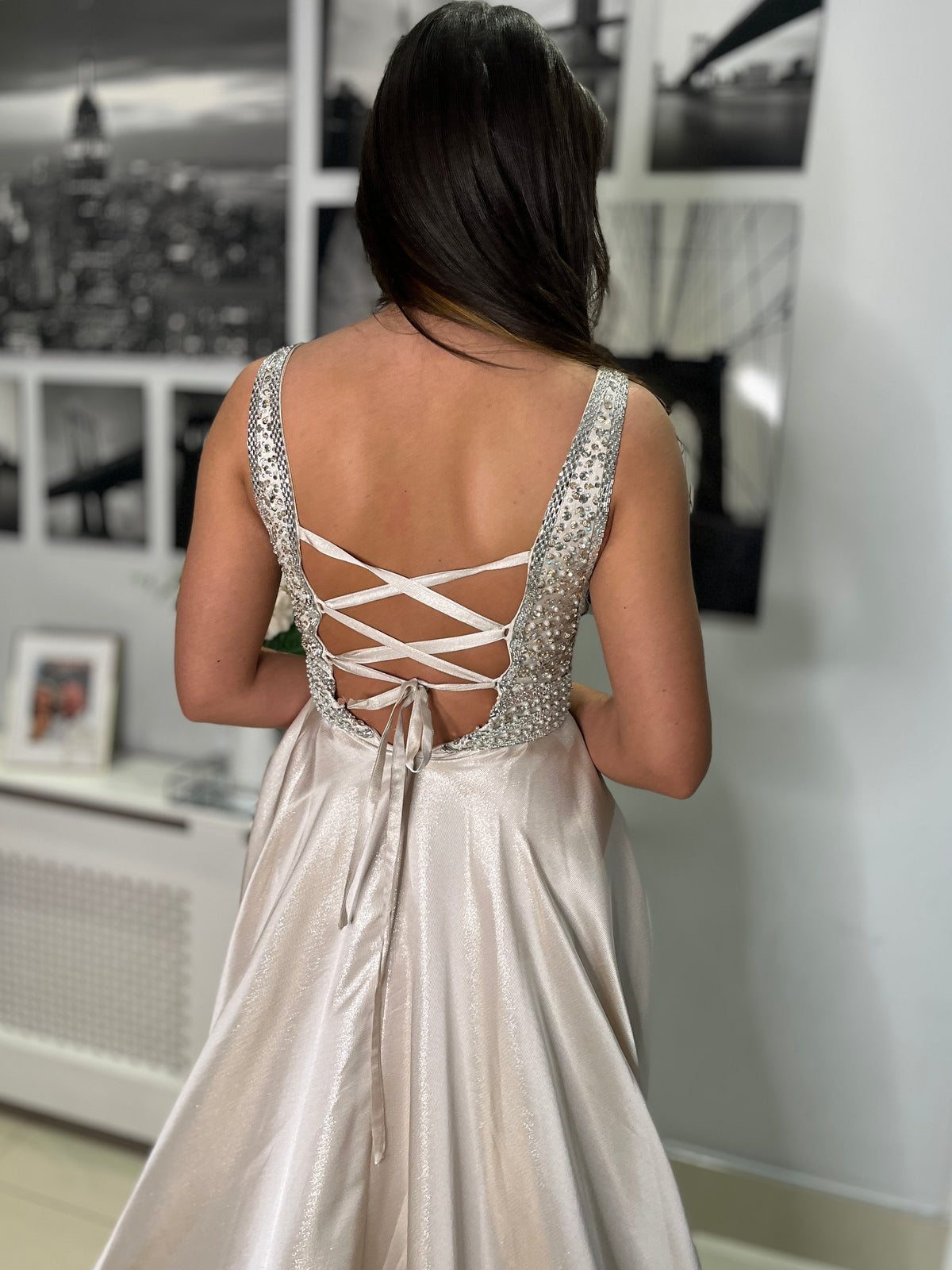 Champagne A-Line Prom Dress With Beaded Top