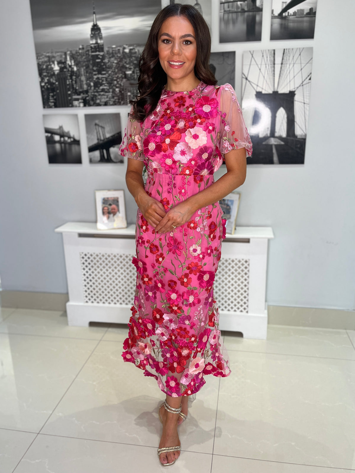 “Polly” Dress In Mixed Fuschia With 3D Floral Print