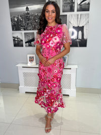 “Polly” Dress In Mixed Fuschia With 3D Floral Print