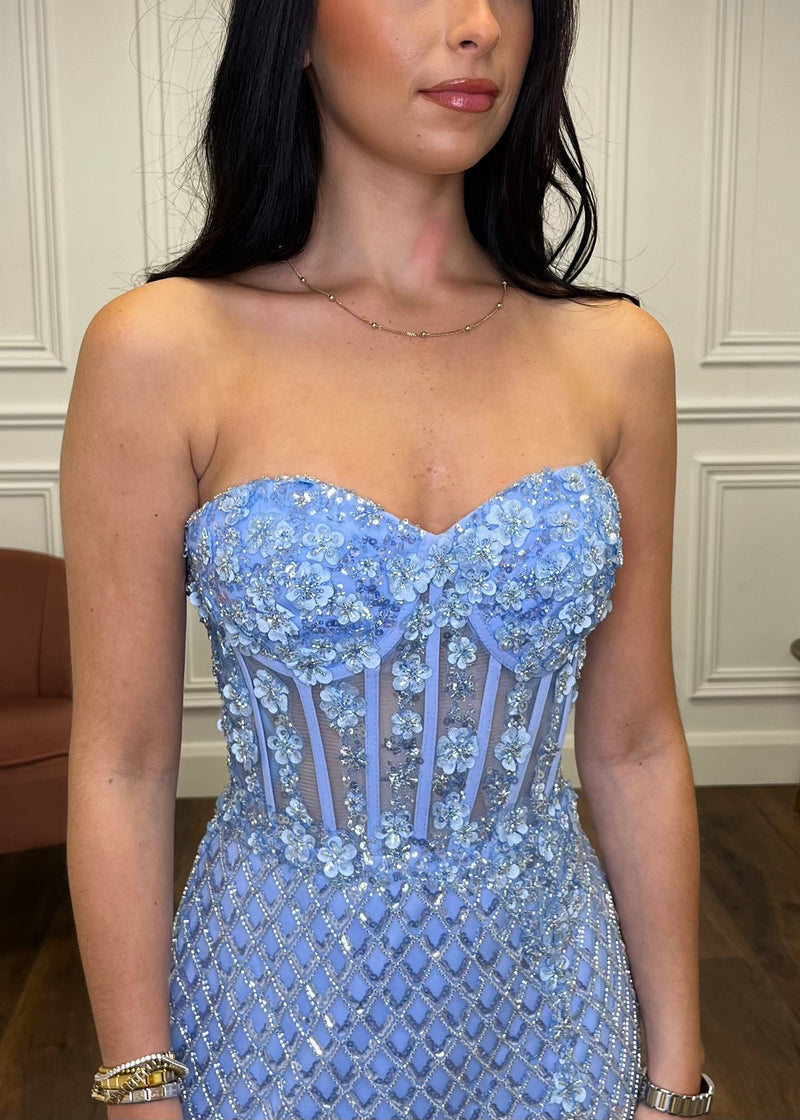 Baby Blue Fitted Fully Beaded Prom Dress With Corset Top