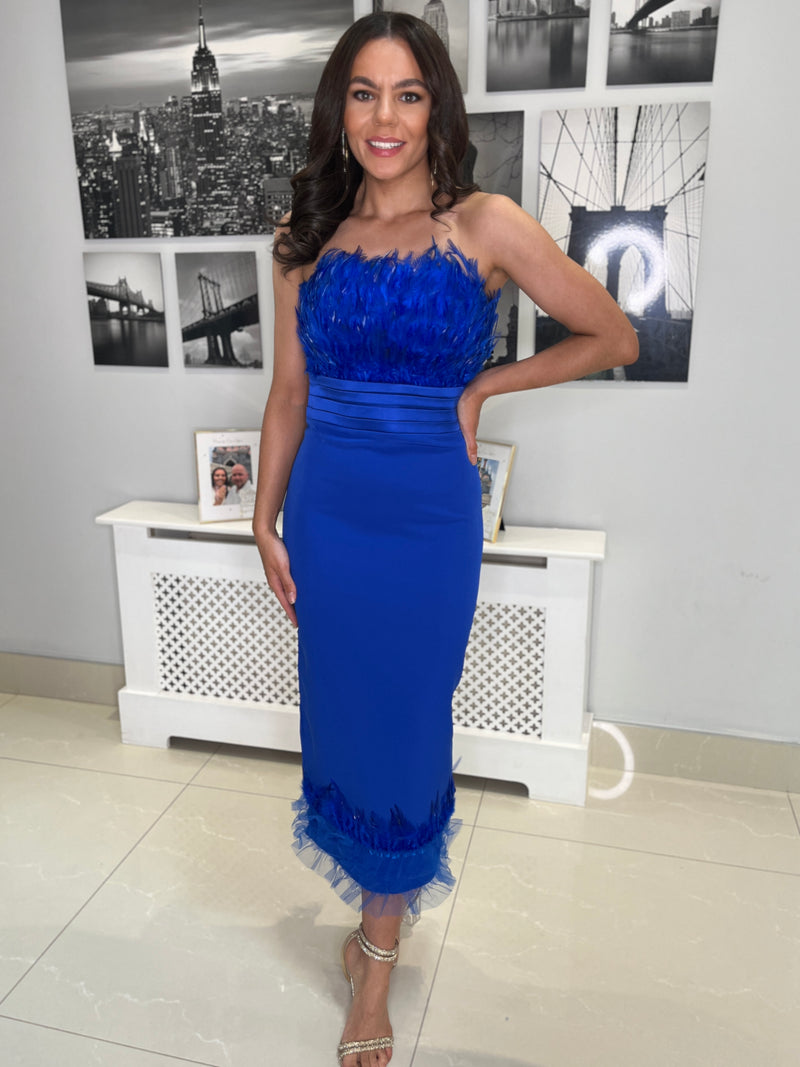 Royal Blue Strapless Feather Dress