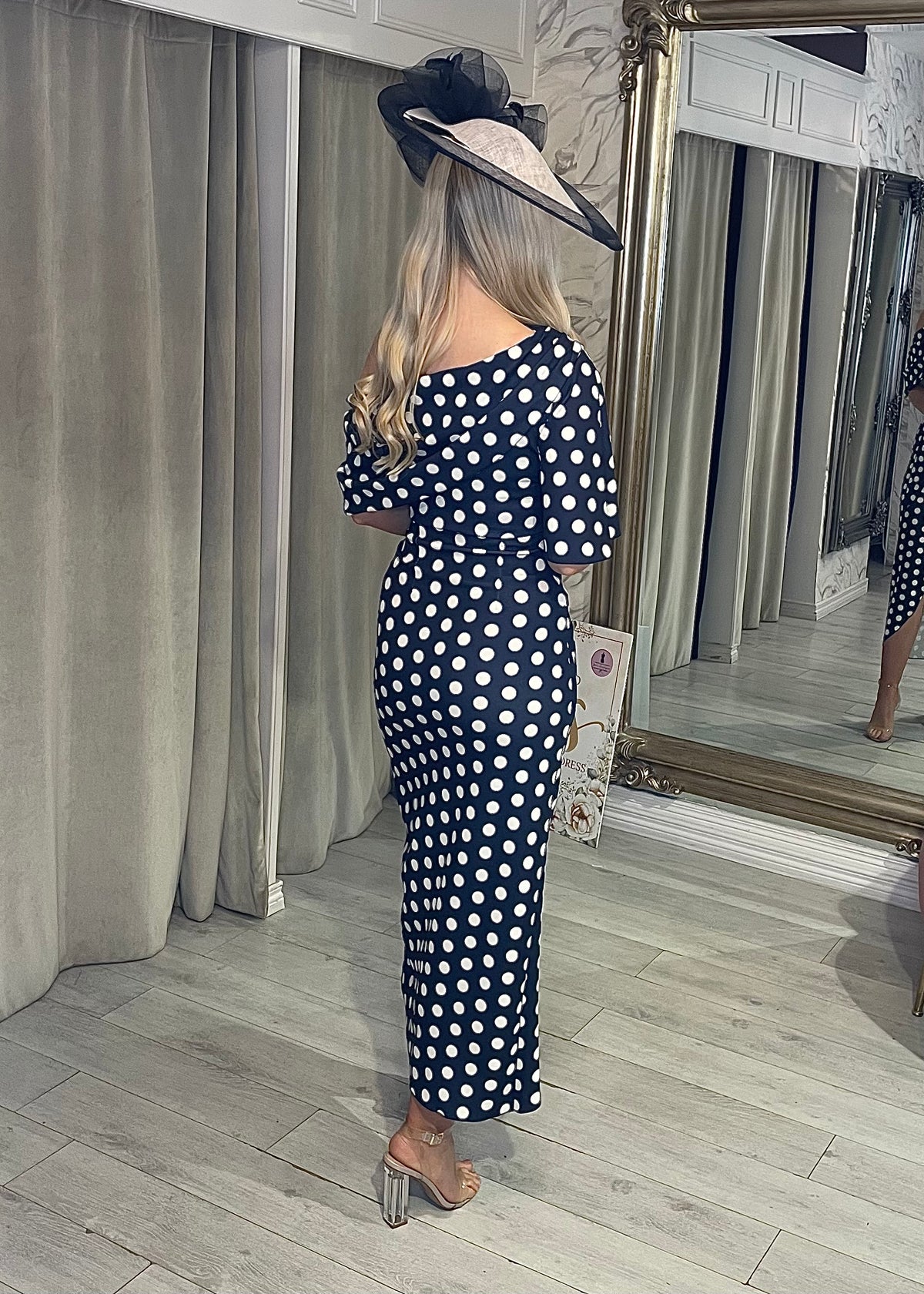 "Fidelma" Dress In Navy & White Polka Dot