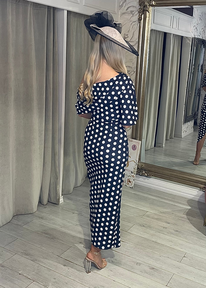 "Fidelma" Dress In Navy & White Polka Dot