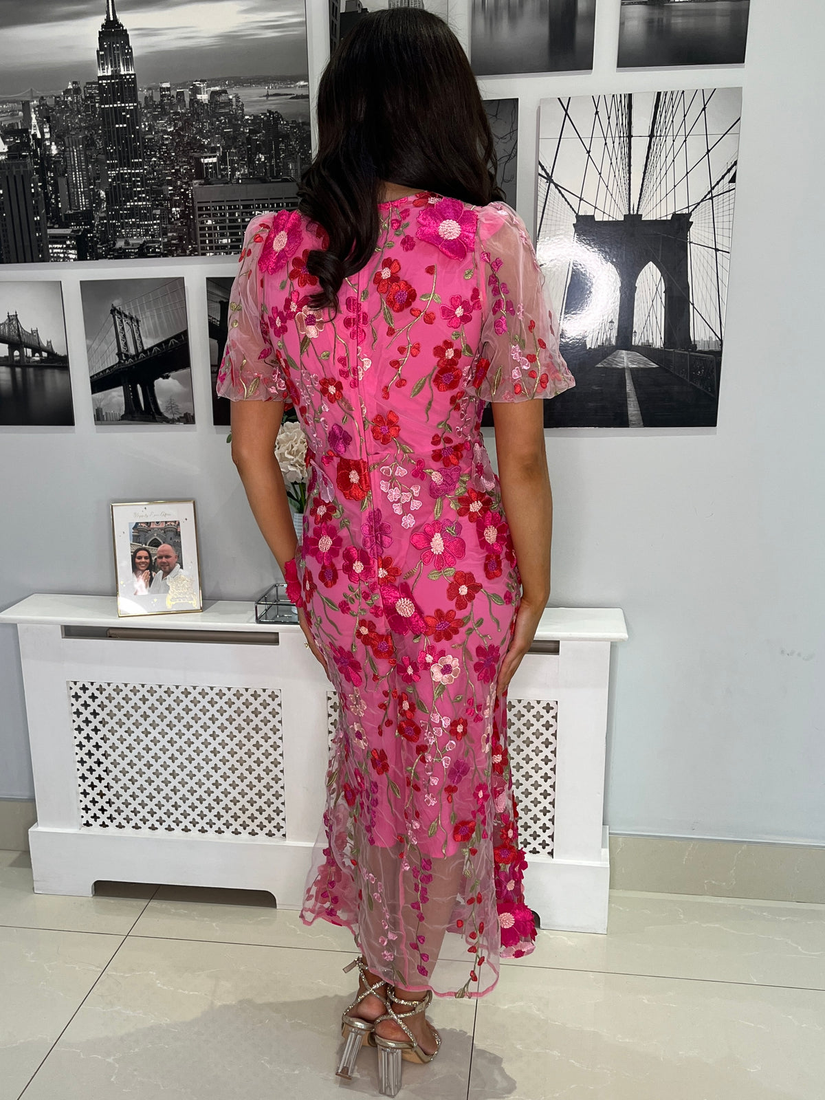 “Polly” Dress In Mixed Fuschia With 3D Floral Print