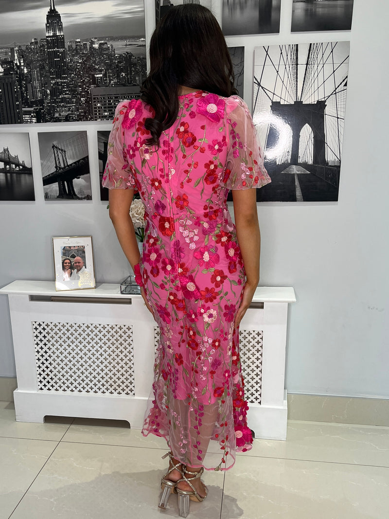 “Polly” Dress In Mixed Fuschia With 3D Floral Print