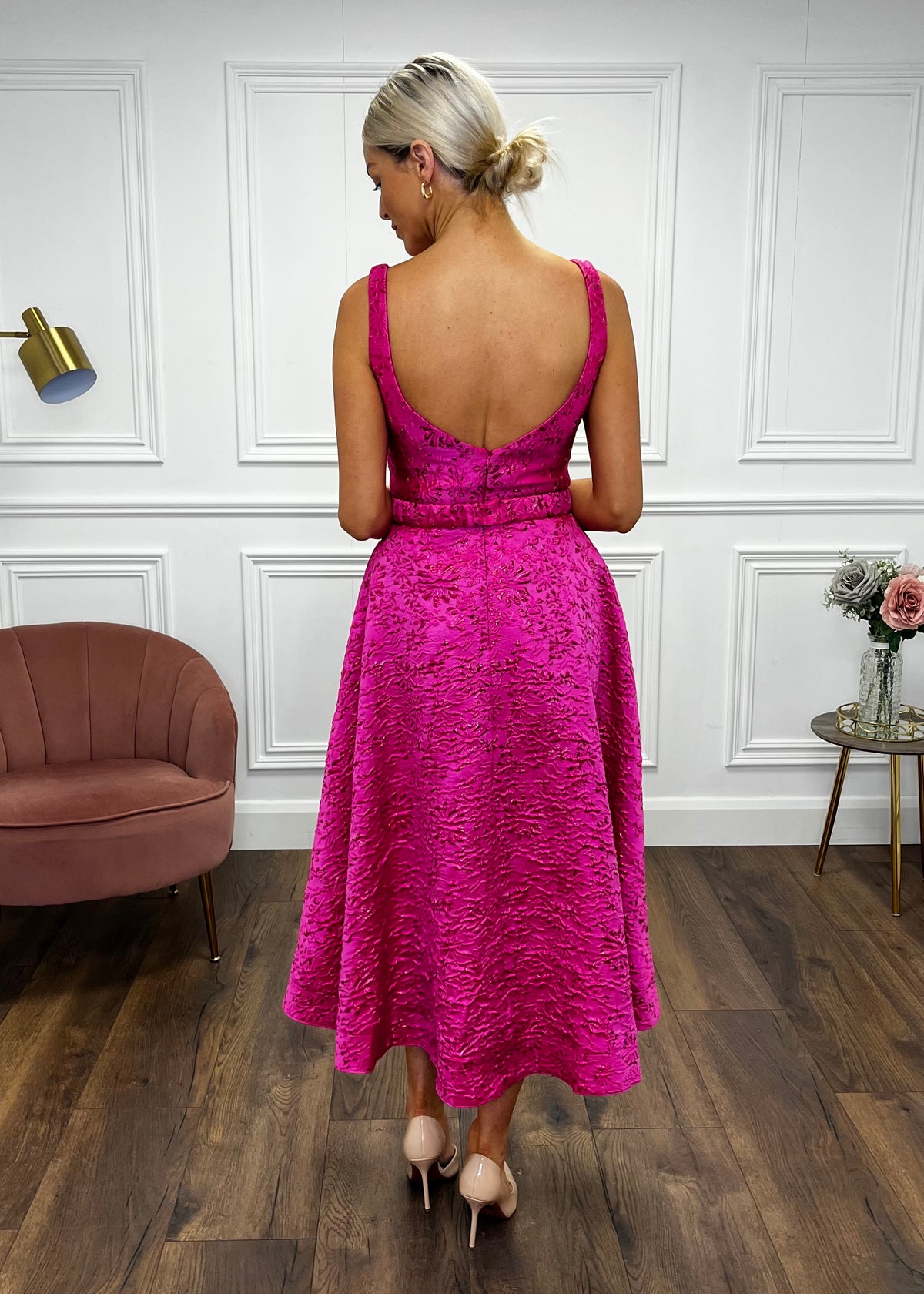 “Aria” Dress In Pink Jaquard Print