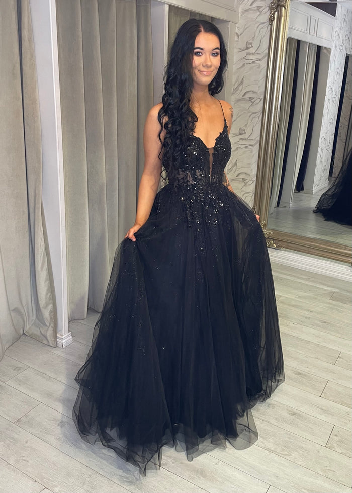 Navy A-Line Prom Dress With Sequin Detail