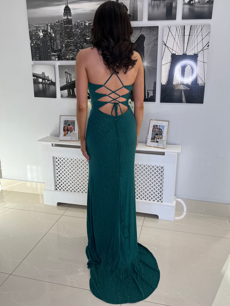 Green Shimmer Fabric Prom Dress With Cowl Neck