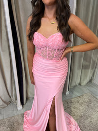 Baby Pink Strapless Prom Dress With Beaded Top