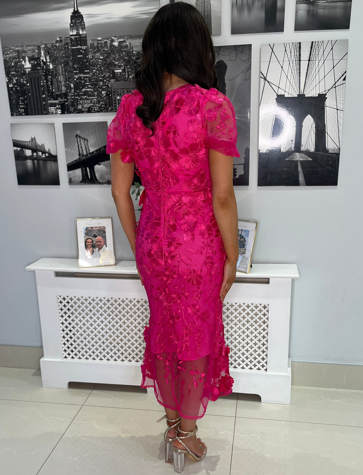“Polly” Dress In Plain Fuschia With 3D Floral