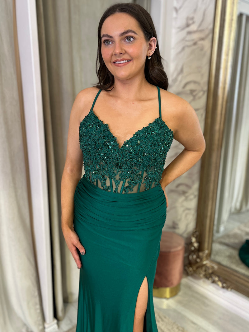 Green Fitted Prom Dress With Lace Effect Corset Top