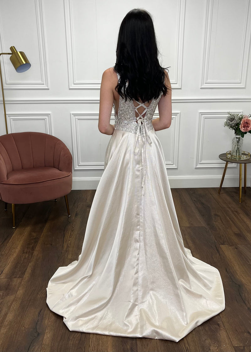 Champagne A-Line Prom Dress With Beaded Top