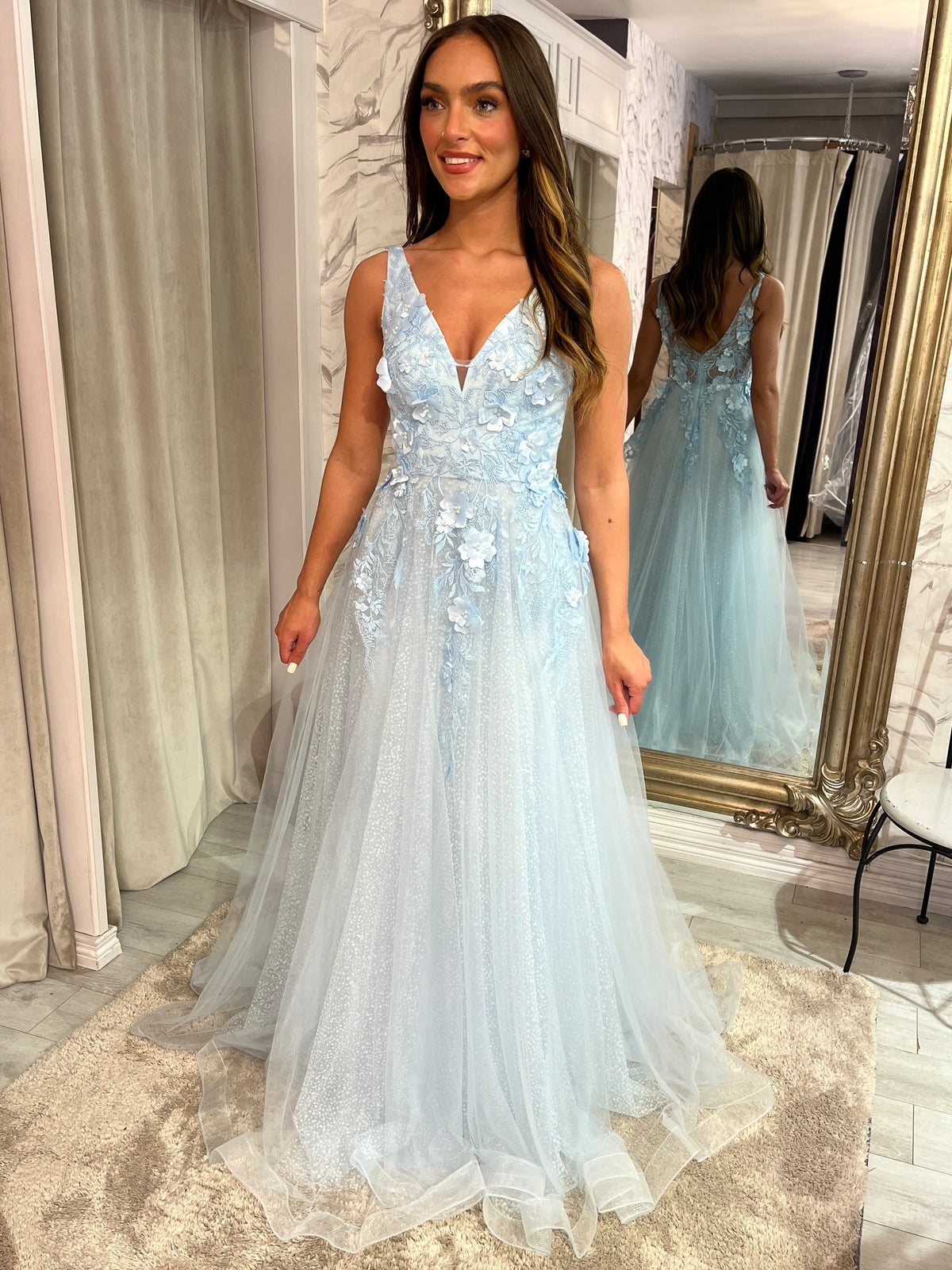 Baby Blue A-Line Prom Dress With 3D Floral Detail