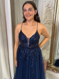 Navy A-Line Dress With Lace Up Back And Sequin Detail