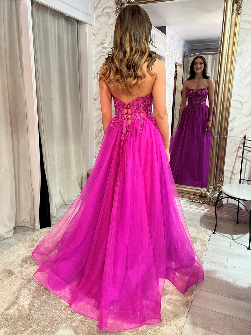 Fuschia Pink Strapless A-Line Prom Dress With Beaded Top