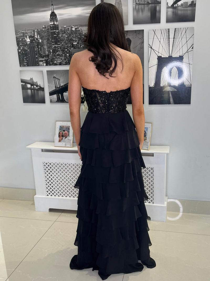 Black Prom Dress With Beaded Top And Tiered Ruffle Skirt