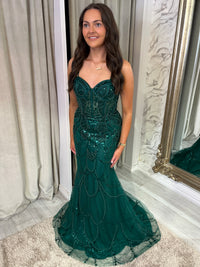 Green Fitted Beaded Prom Dress With Spaghetti Straps & Lace Up Back