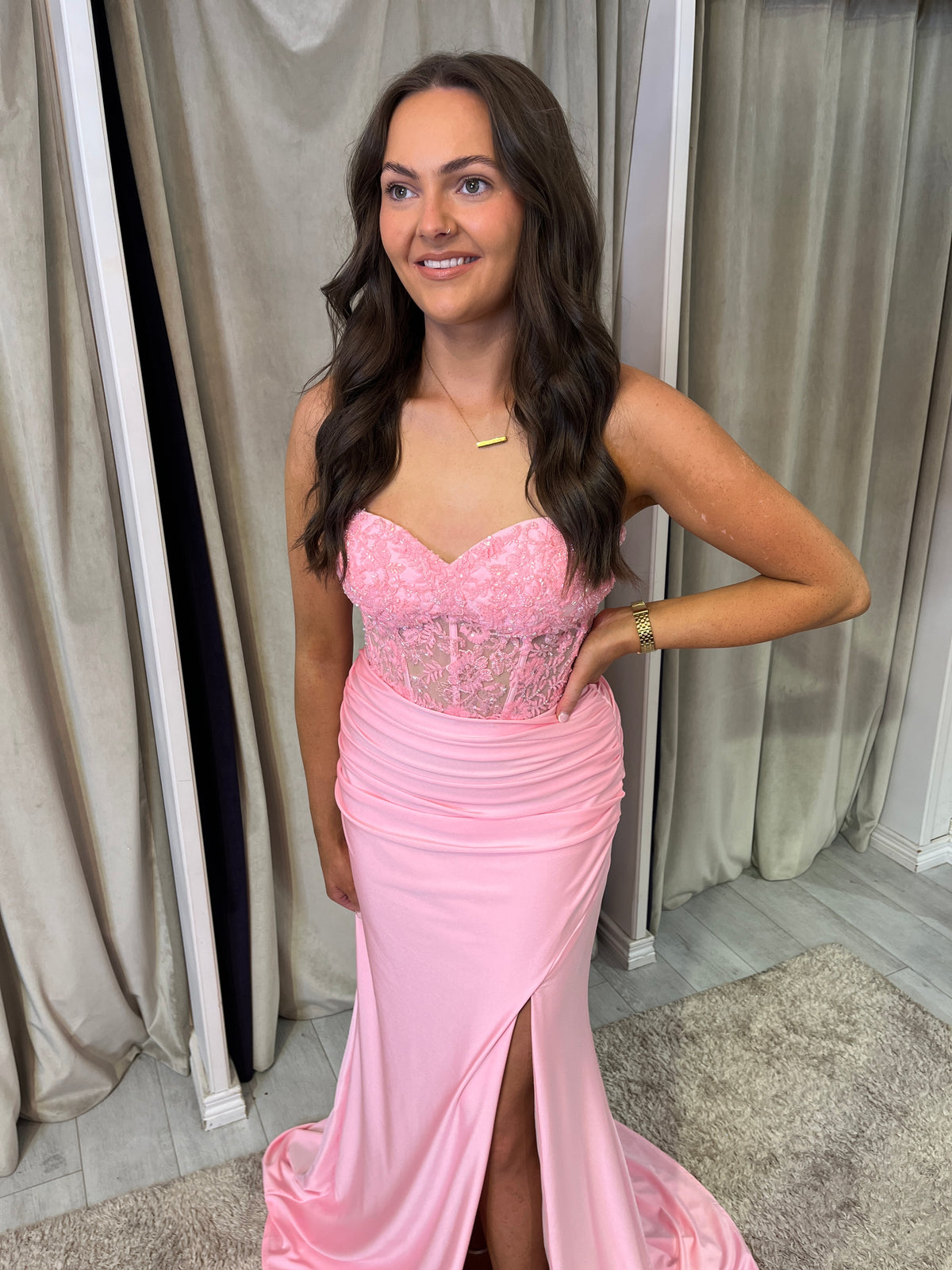 Baby Pink Strapless Prom Dress With Beaded Top
